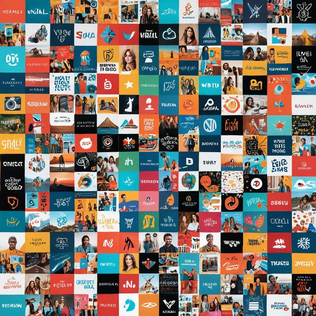 A dynamic collage of vibrant short video clips showcasing diverse creators engaged in content production. Each clip highlights different themes such as travel, cooking, and DIY, with animated elements flowing between them to create a sense of movement and virality. Bold text overlays demonstrate the concept of 'Going Viral' with social media icons glowing around the edges. Incorporate a fresh, youthful color palette to evoke excitement and energy. vector art. vibrant colors.