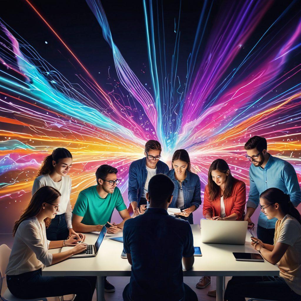 A dynamic scene featuring a diverse group of people passionately creating and sharing short videos, surrounded by vibrant digital icons and colorful multimedia elements. The background is filled with abstract waves of light and energy, symbolizing creativity and innovation in digital media. The atmosphere is lively, showcasing various devices like smartphones and laptops in use. super-realistic. vibrant colors. digital art.